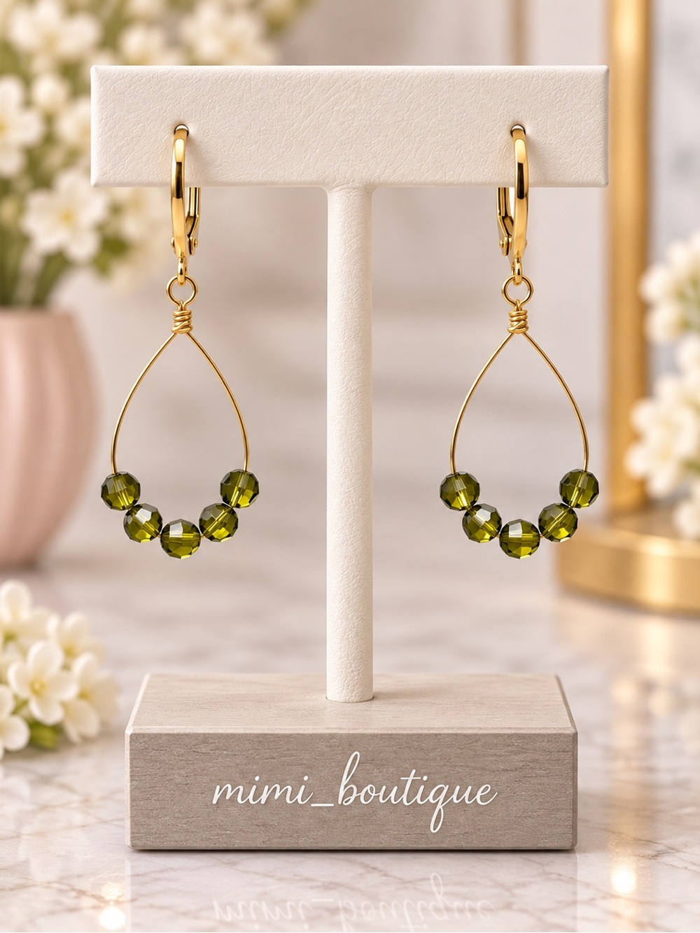Handmade Swarovski Olivine Crystal Gold Tone Dangle Earrings